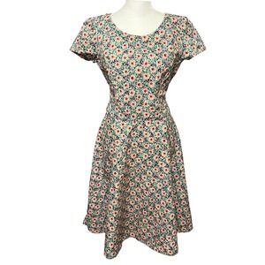 Vtg Handmade Green Floral Print Dress Cap Sleeve‎ Fit and Flare Dress Medium